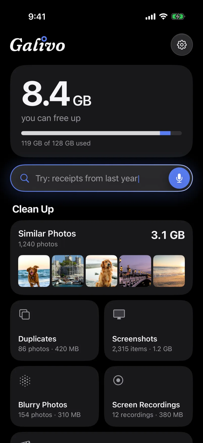 Galivo Home screen: 8.4 GB you can free up, a search field, and cleanup lists such as Similar Photos, Duplicates and Screenshots.