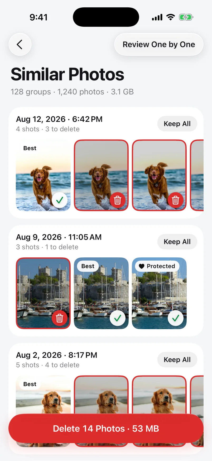 Similar Photos screen: groups of near-identical dog photos, the best one marked in each group, and a button to delete 14 photos, 53 MB.