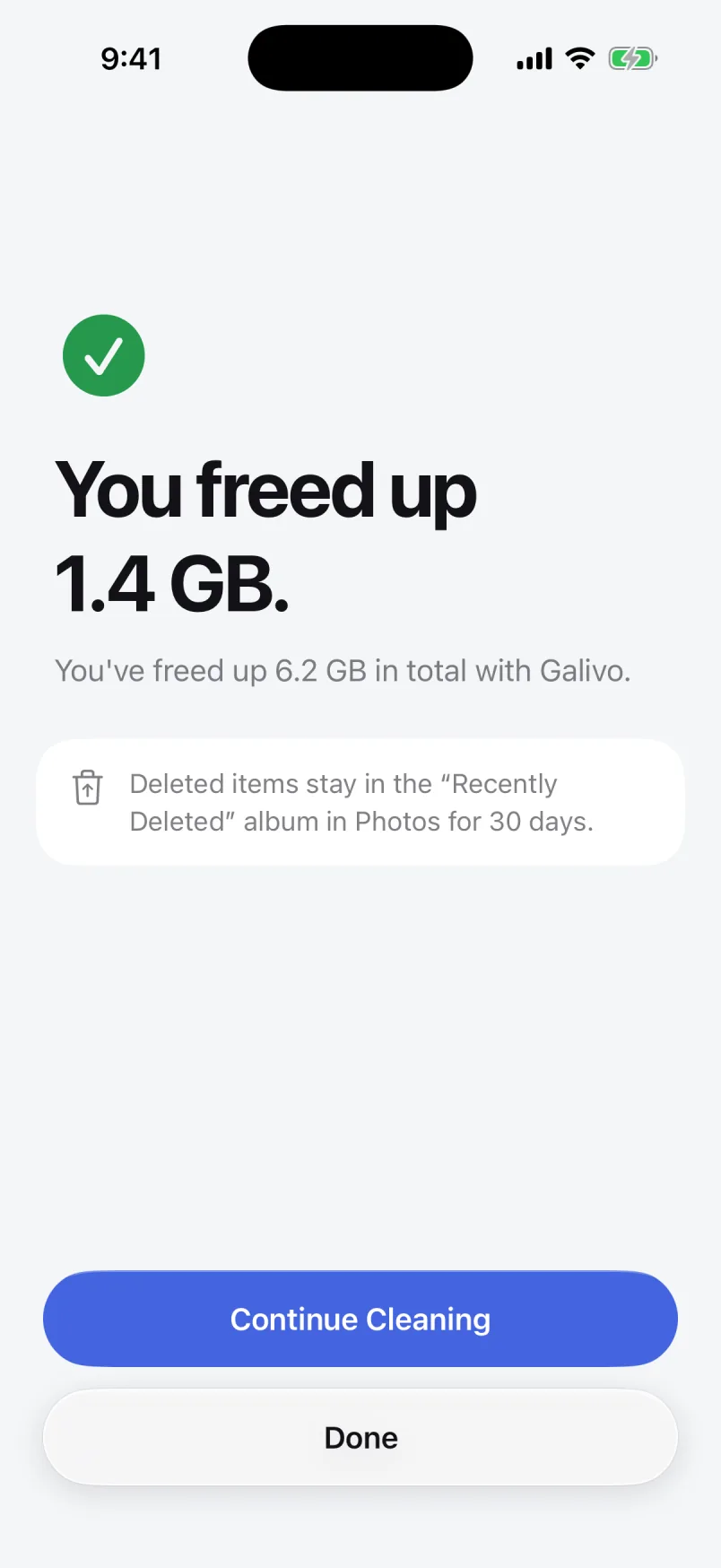 Cleanup done: “You freed up 1.4 GB.” 6.2 GB freed in total with Galivo; deleted items stay in Recently Deleted for 30 days.