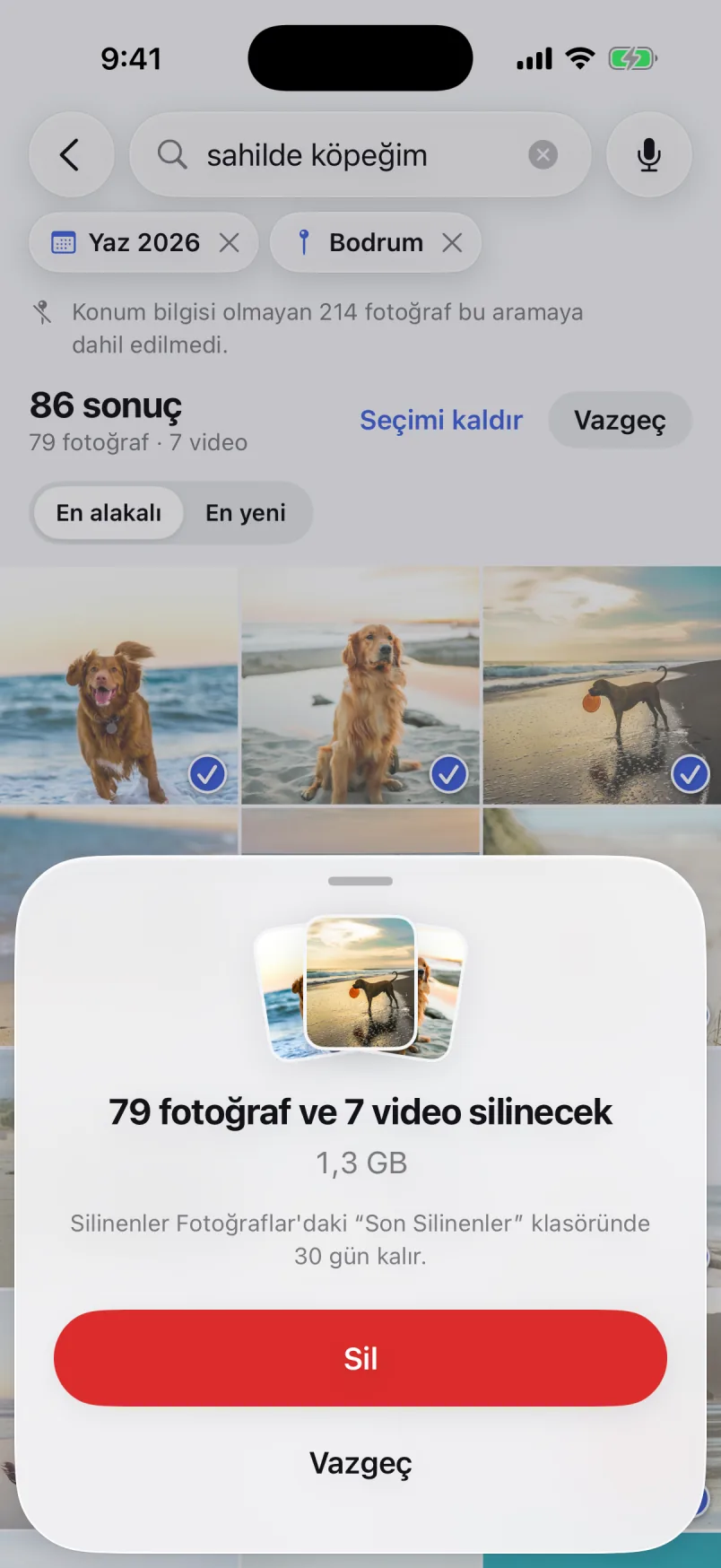 Silme özeti: 79 fotoğraf ve 7 video silinecek, 1,3 GB; silinenler 30 gün boyunca Son Silinenler’de kalır.