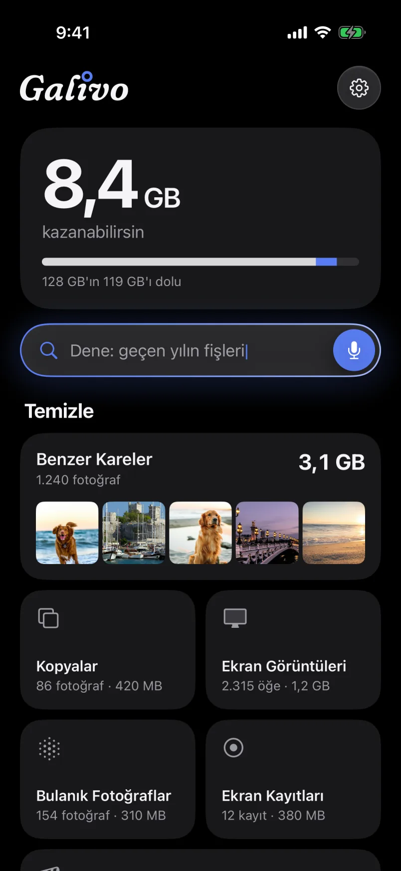 Galivo ana ekranı: 8,4 GB kazanılabilir alan, arama kutusu ve Benzer Kareler, Kopyalar, Ekran Görüntüleri gibi temizlik listeleri.