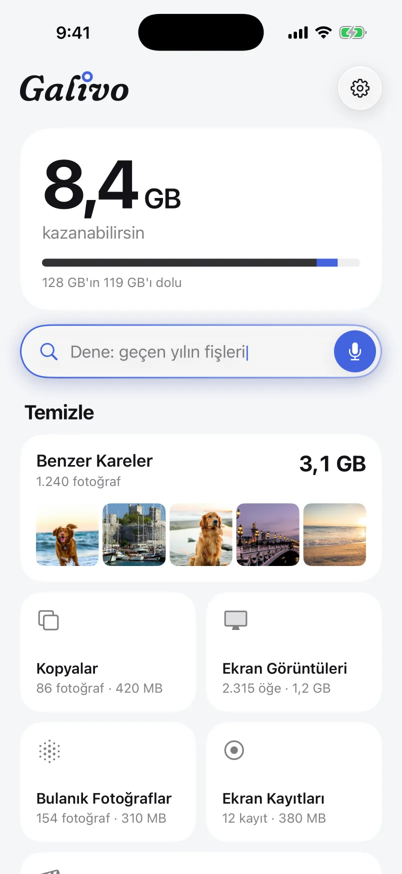 Galivo ana ekranı: 8,4 GB kazanılabilir alan, arama kutusu ve Benzer Kareler, Kopyalar, Ekran Görüntüleri gibi temizlik listeleri.