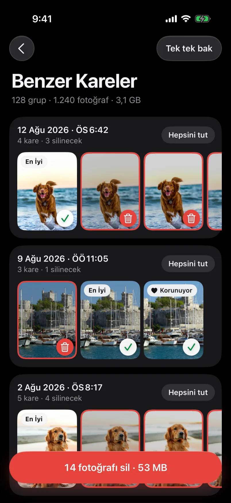 Benzer Kareler ekranı: neredeyse aynı köpek fotoğraflarından oluşan gruplar, her grupta en iyi kare işaretli ve “14 fotoğrafı sil · 53 MB” butonu.